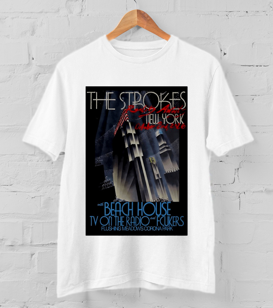 The Strokes New York Concert October 2026 Flushing Meadows Corona Park With Beach House TV On The Radio Fcukers Deco Cityscape T-Shirt