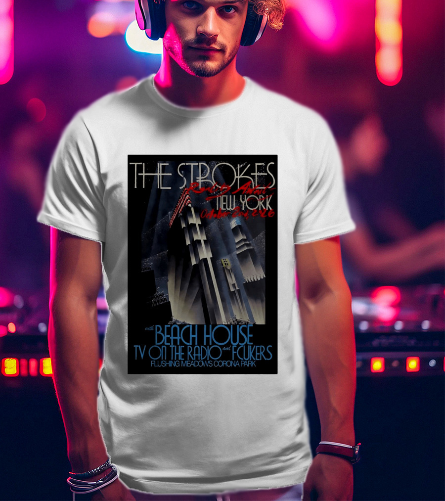 The Strokes New York Concert October 2026 Flushing Meadows Corona Park With Beach House TV On The Radio Fcukers Deco Cityscape T-Shirt