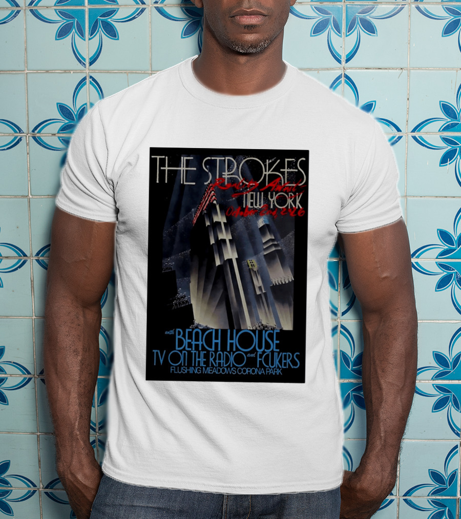 The Strokes New York Concert October 2026 Flushing Meadows Corona Park With Beach House TV On The Radio Fcukers Deco Cityscape T-Shirt