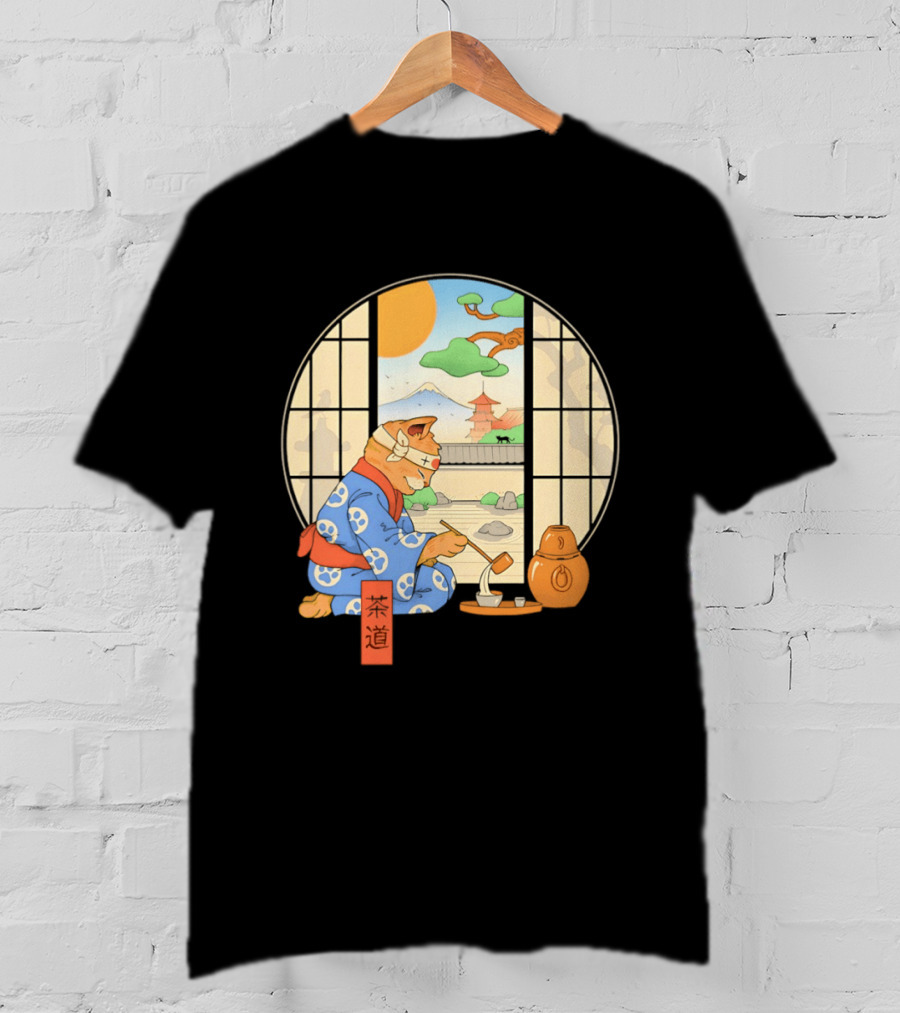 Ukiyo E Style Cat Tea Ceremony With Japanese Landscape T-Shirt