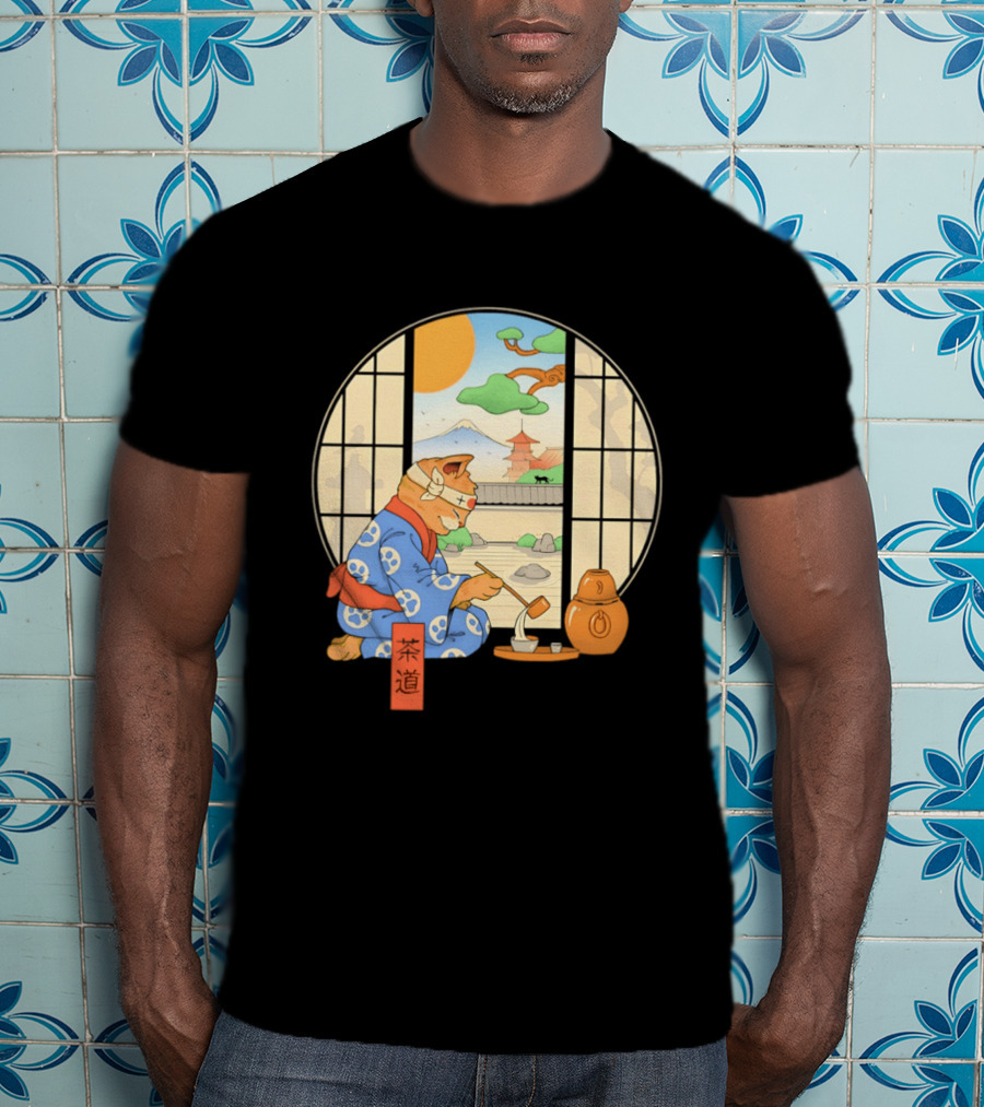 Ukiyo E Style Cat Tea Ceremony With Japanese Landscape T-Shirt