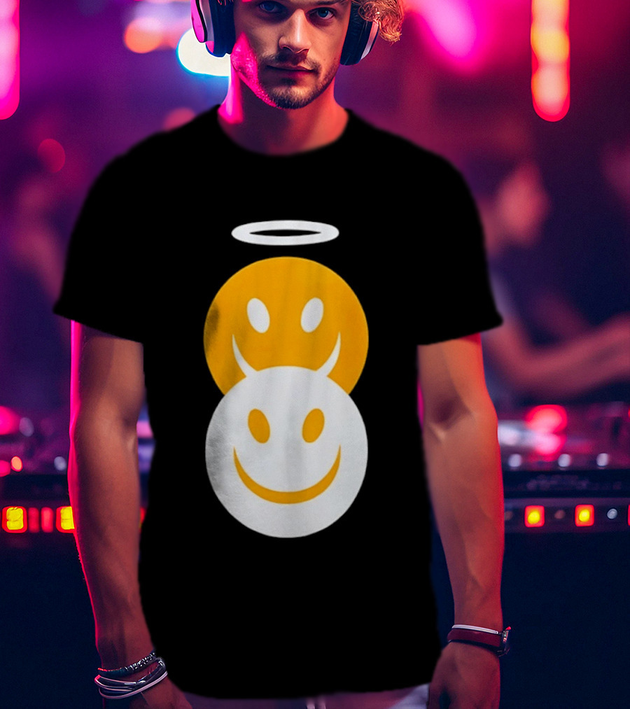 Angel And Devil Smiley Faces Halo And Horns T-Shirt