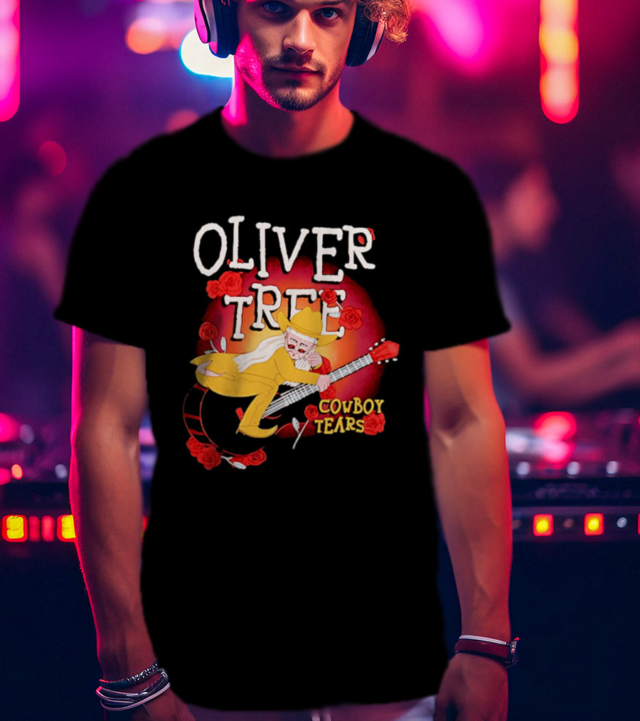 Oliver Tree Cowboy Tears Cartoon Character With Roses And Guitar T-Shirt