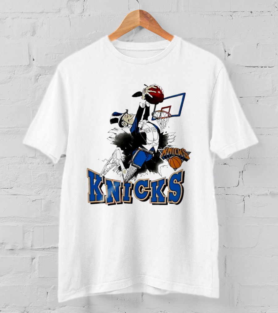 New York Knicks Dunking Red Apple Knicks Text Blue Basketball T-Shirt