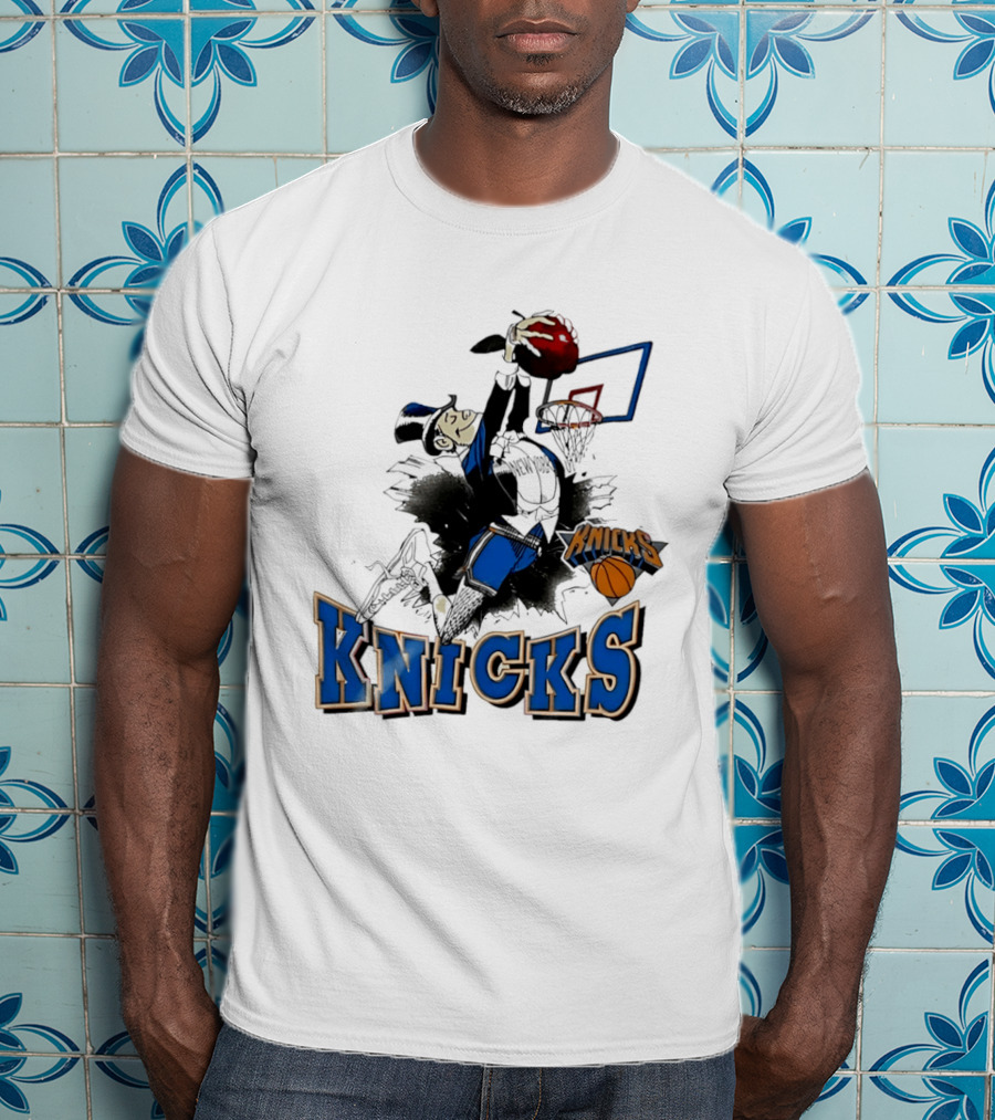 New York Knicks Dunking Red Apple Knicks Text Blue Basketball T-Shirt