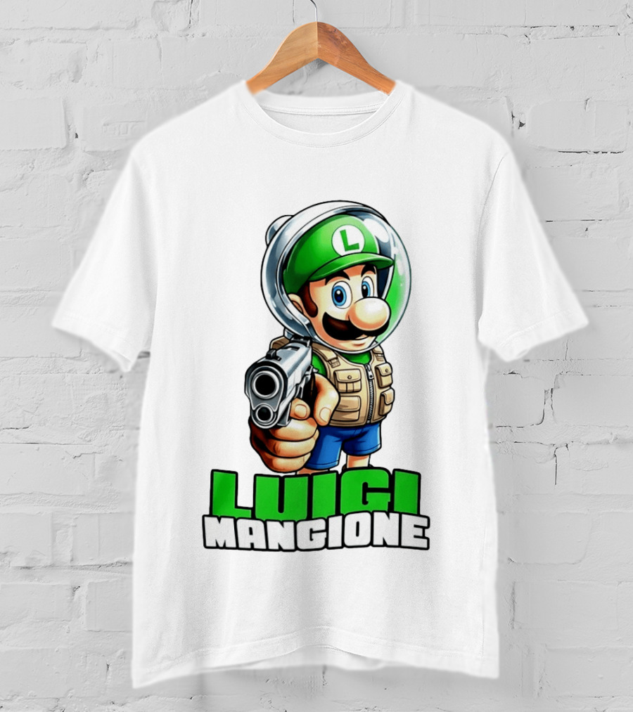 Luigi Mangione Super Mario Green Hat Gun Image T-Shirt