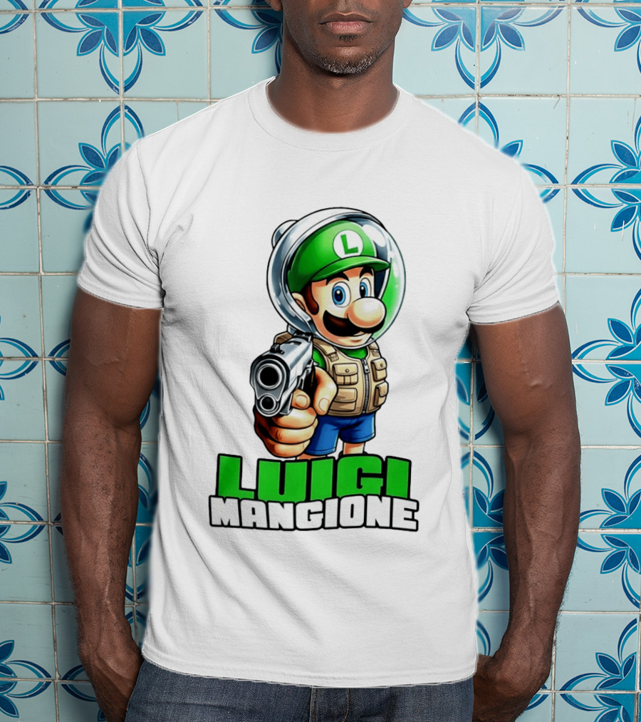 Luigi Mangione Super Mario Green Hat Gun Image T-Shirt