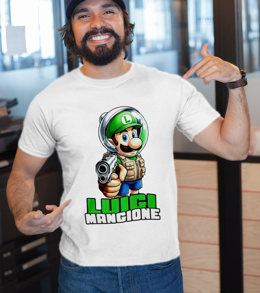 Luigi Mangione Super Mario Green Hat Gun Image T-Shirt