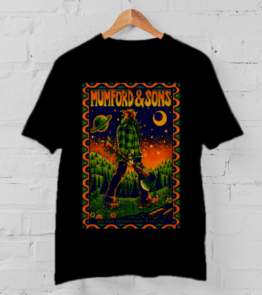 Mumford And Sons Maine Savings Amphitheater Bangor ME June 16 2026 Concert Planet And Moon Lumberjack T-Shirt