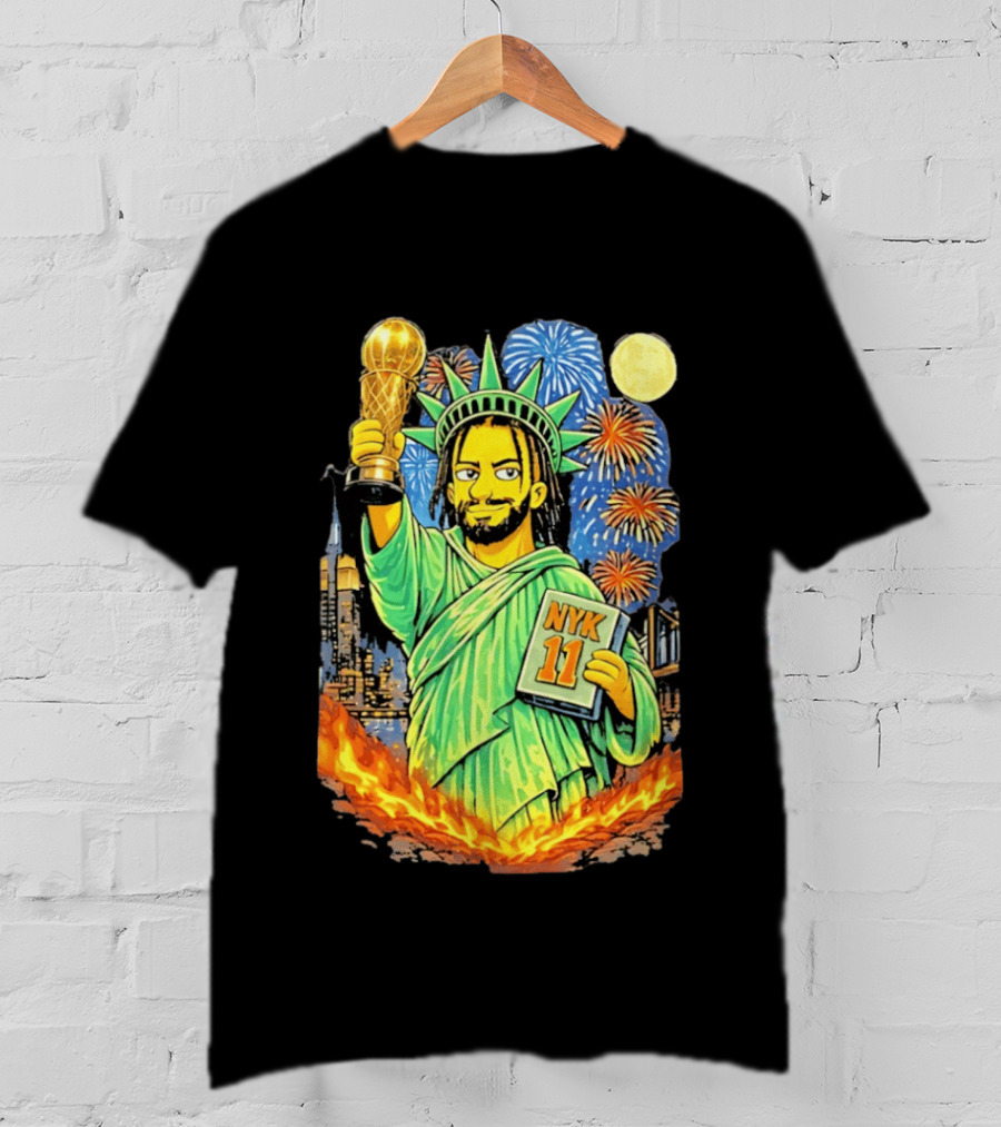 New York Knicks Jalen Brunson As Statue Of Liberty NYK 11 With Trophy And Fireworks T-Shirt