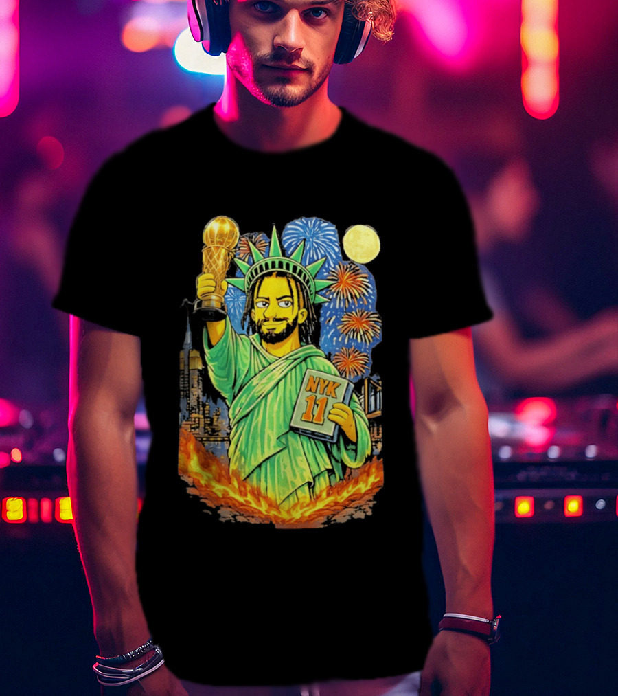 New York Knicks Jalen Brunson As Statue Of Liberty NYK 11 With Trophy And Fireworks T-Shirt