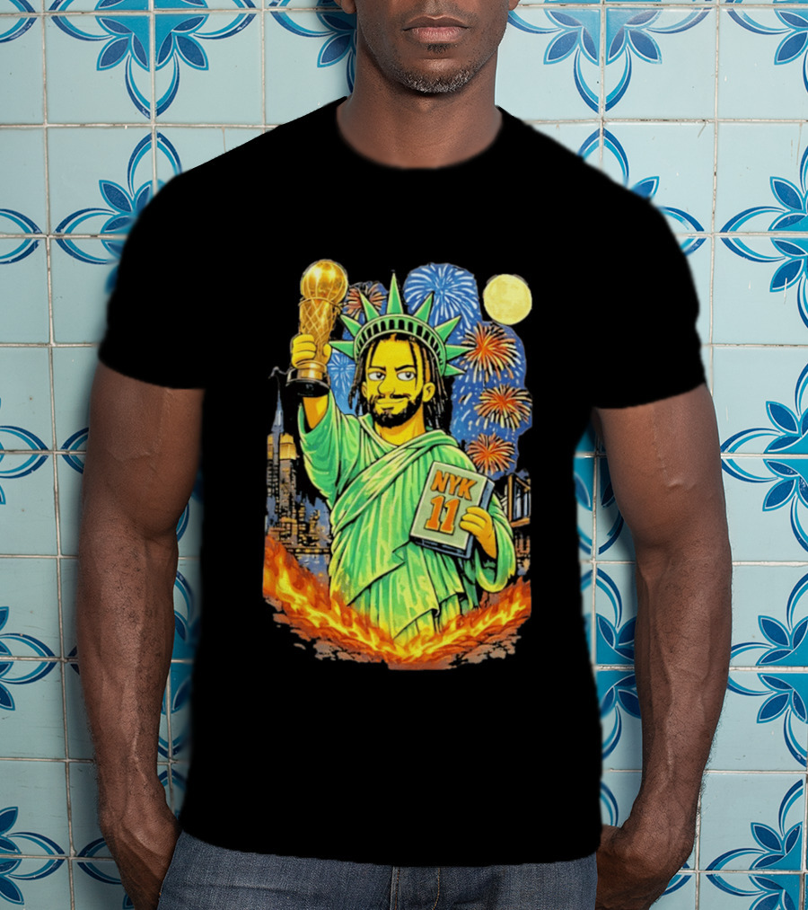 New York Knicks Jalen Brunson As Statue Of Liberty NYK 11 With Trophy And Fireworks T-Shirt