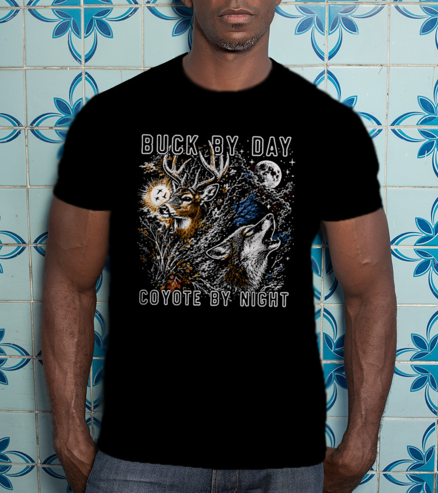 Buck By Day Coyote By Night Deer And Wolf Moon Scene T-Shirt