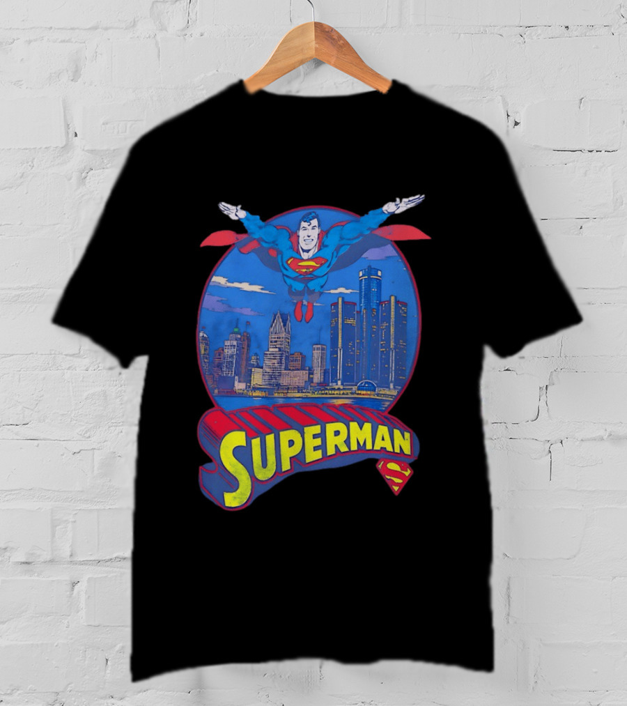 Detroit Superman Jay Towers Motor City Skyline Superman Logo Retro Comic T-Shirt