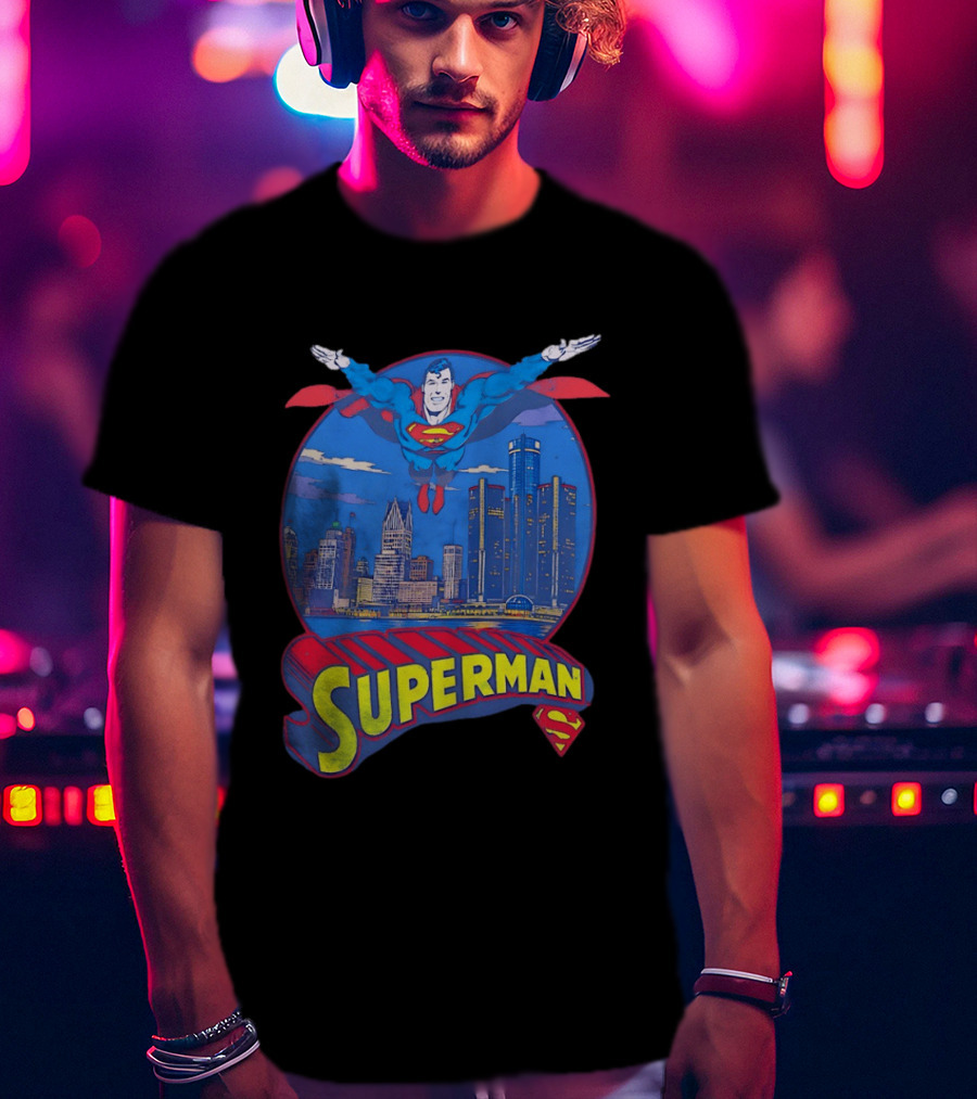 Detroit Superman Jay Towers Motor City Skyline Superman Logo Retro Comic T-Shirt