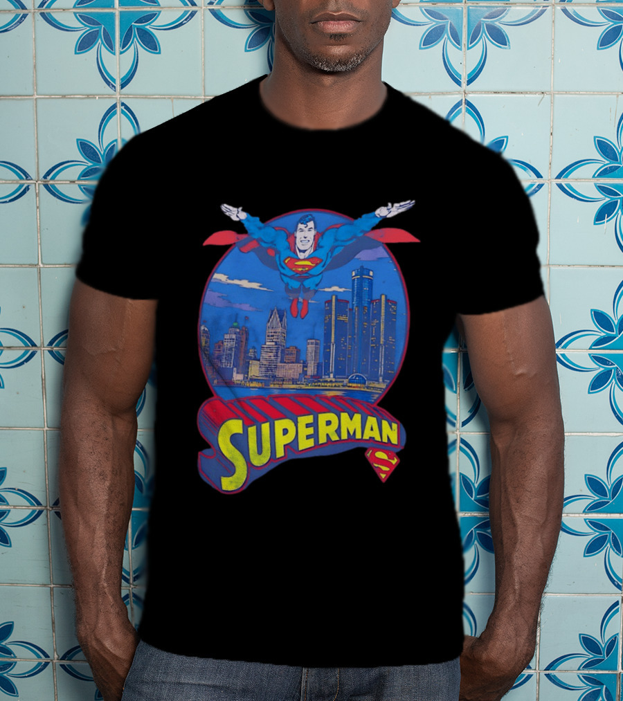 Detroit Superman Jay Towers Motor City Skyline Superman Logo Retro Comic T-Shirt