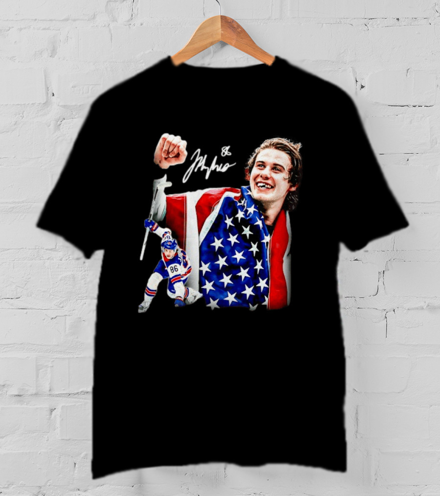 Jack Hughes New Jersey Devils USA Flag 86 Hockey Celebration T-Shirt