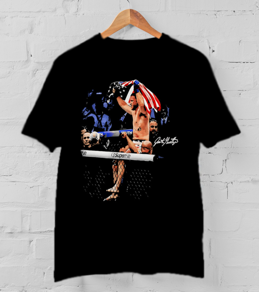 Justin Gaethje Celebrating With American Flag Victory Pose Signature Edition T-Shirt