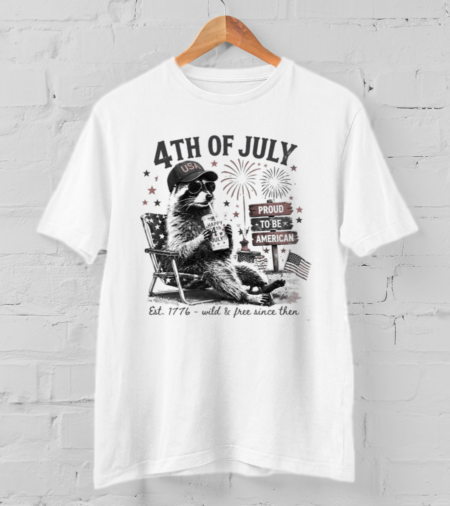 4th Of July Raccoon USA Hat Sunglasses Proud To Be American Est 1776 T-Shirt