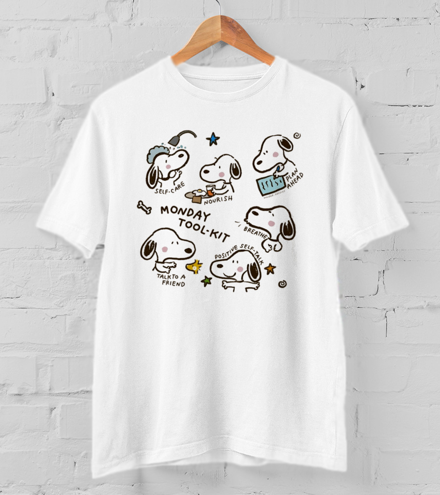 Snoopy Monday Tool Kit Self Care Nourish Relaxation Mental Health Positive Self Talk Plan Ahead T-Shirt