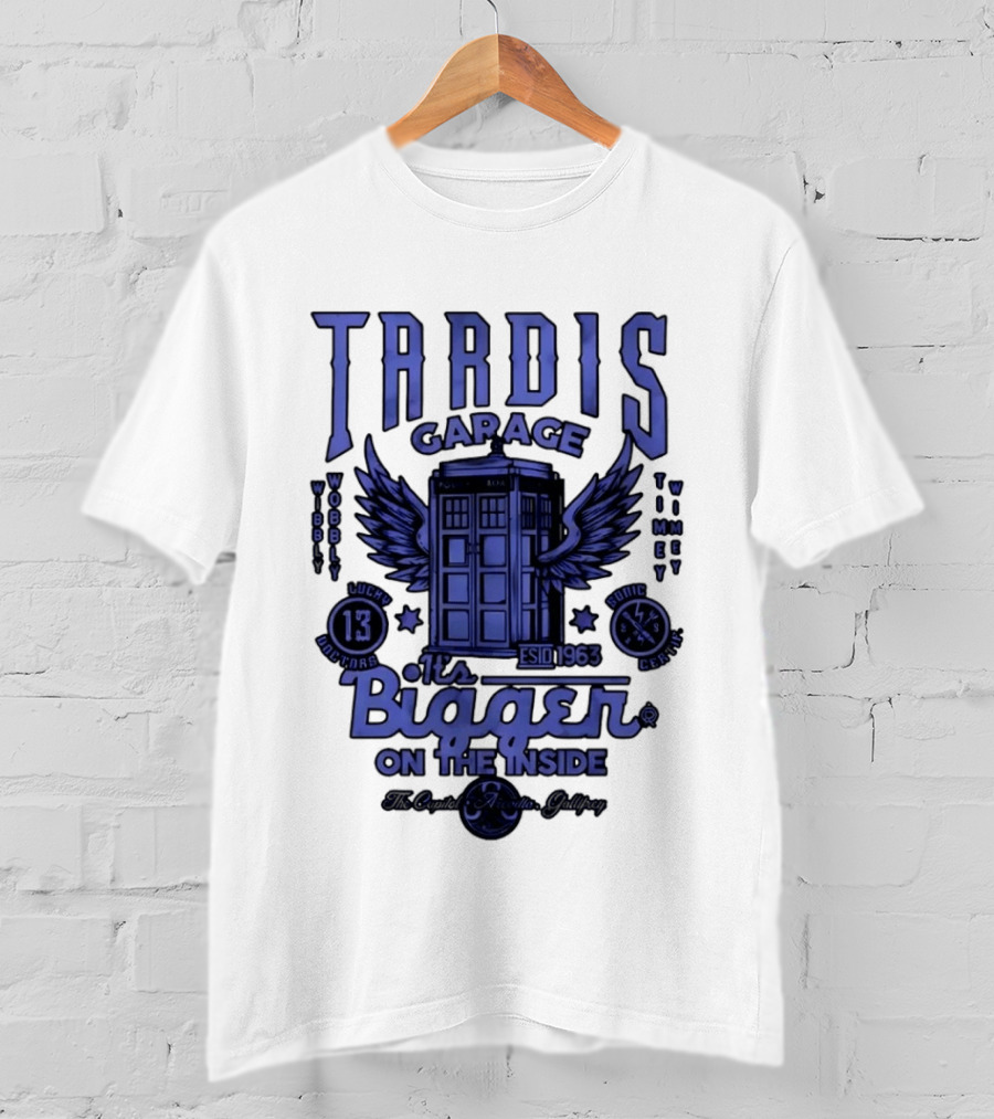 Tardis Garage It's Bigger On The Inside Lucky 13 Doctors Wibbly Wobbly Timely Wimey Sonic Crafted Estd 1963 T-Shirt