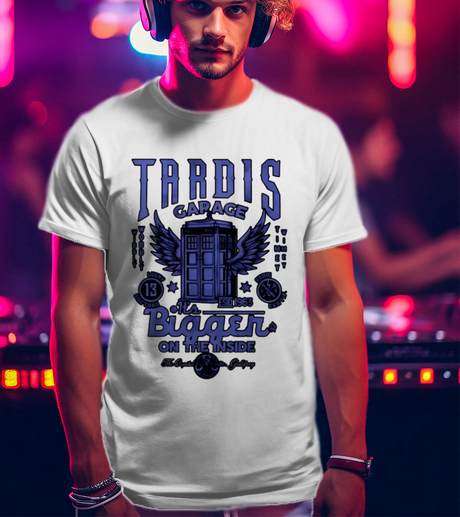 Tardis Garage It's Bigger On The Inside Lucky 13 Doctors Wibbly Wobbly Timely Wimey Sonic Crafted Estd 1963 T-Shirt