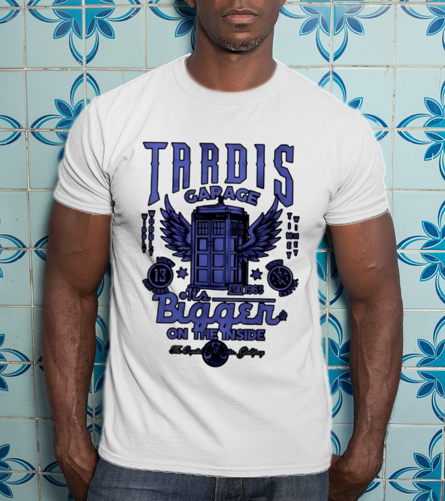 Tardis Garage It's Bigger On The Inside Lucky 13 Doctors Wibbly Wobbly Timely Wimey Sonic Crafted Estd 1963 T-Shirt