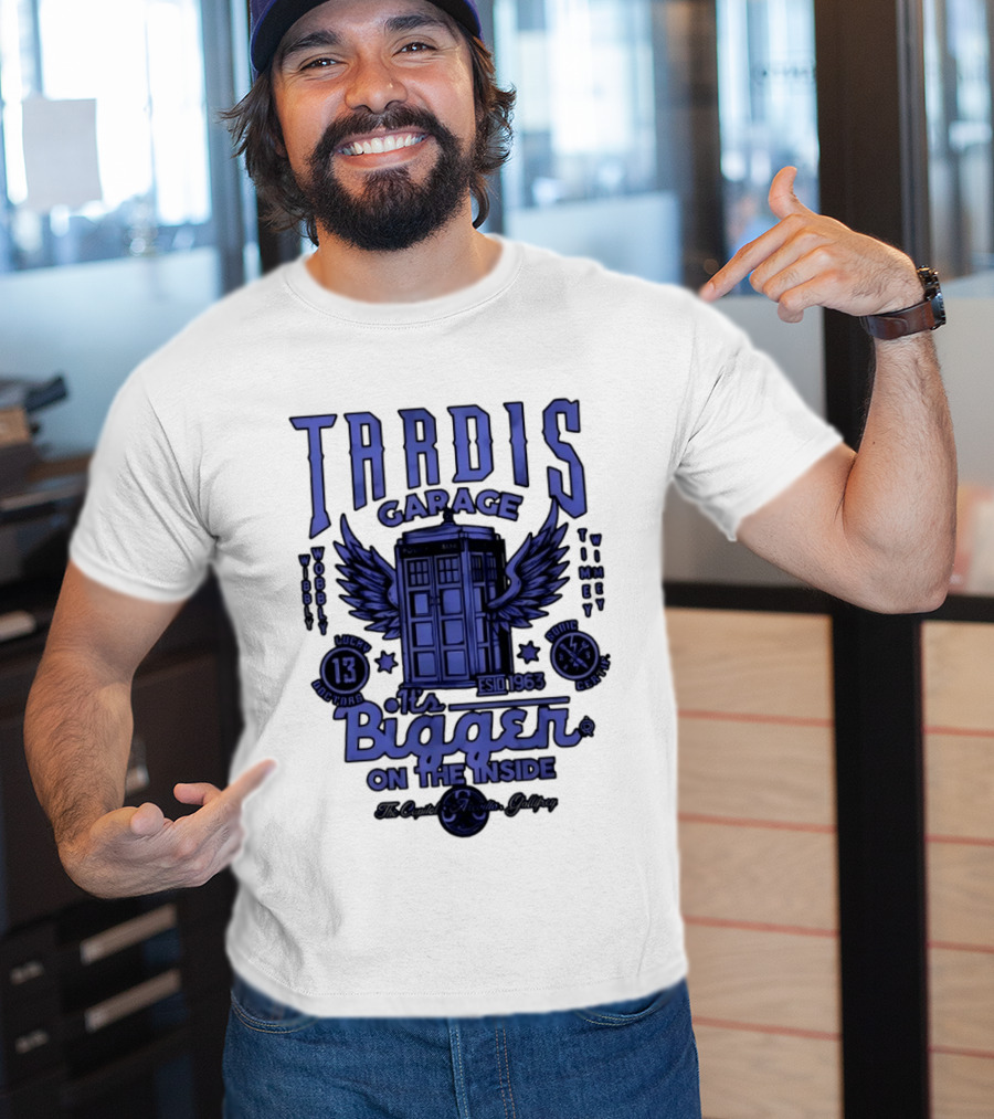 Tardis Garage It's Bigger On The Inside Lucky 13 Doctors Wibbly Wobbly Timely Wimey Sonic Crafted Estd 1963 T-Shirt
