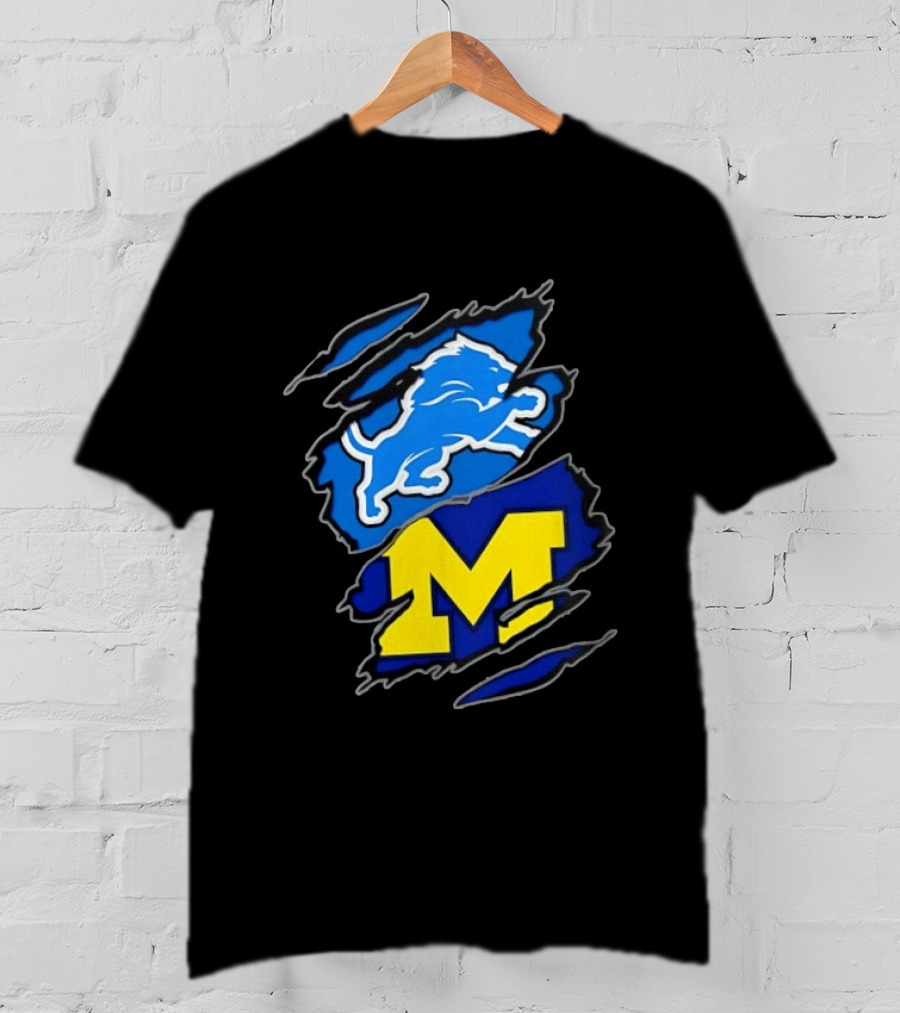 Detroit Lions Michigan Wolverines Two Teams One Heart Scratch T-Shirt