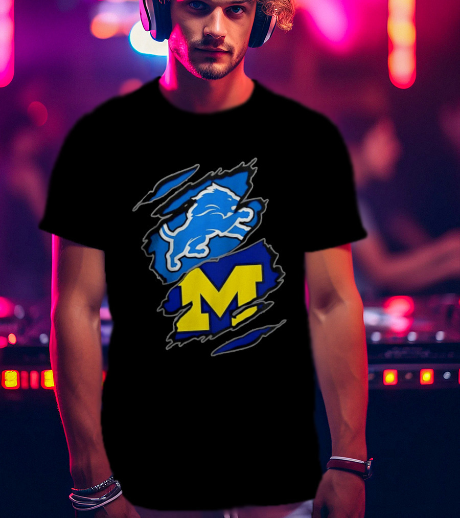 Detroit Lions Michigan Wolverines Two Teams One Heart Scratch T-Shirt