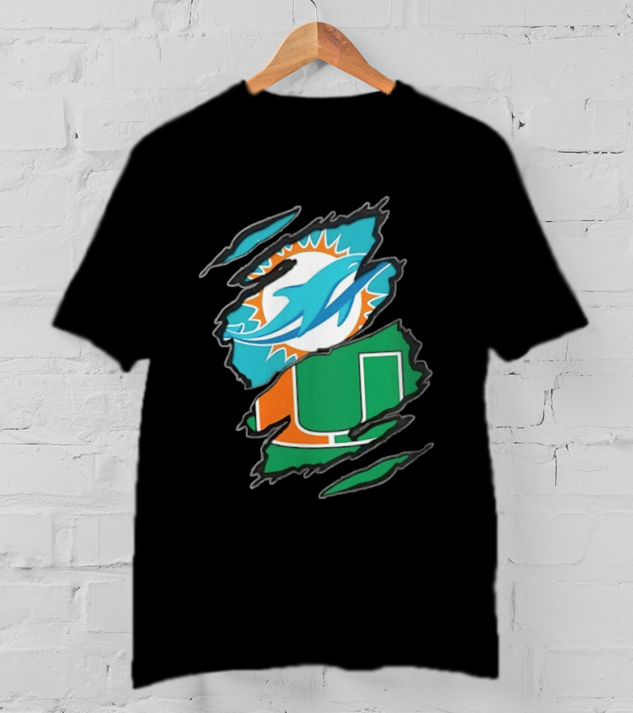 Miami Dolphins And Miami Hurricanes Two Teams One Heart Scratch T-Shirt