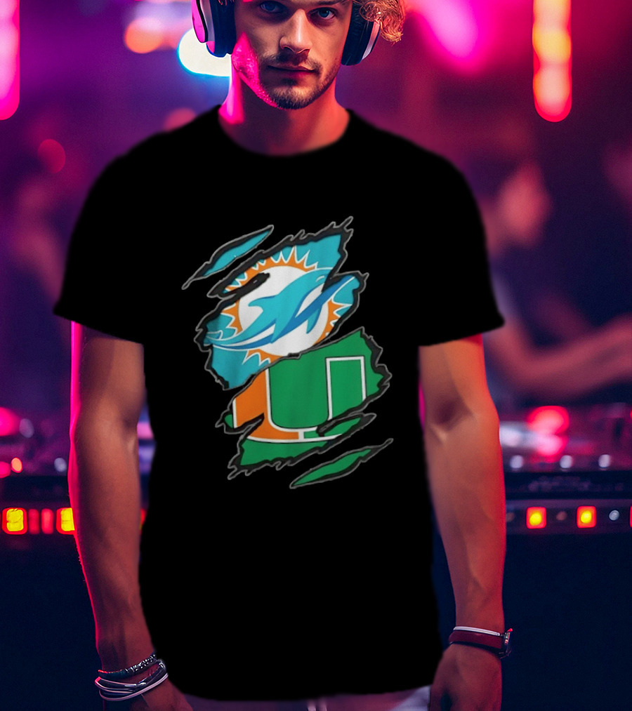 Miami Dolphins And Miami Hurricanes Two Teams One Heart Scratch T-Shirt