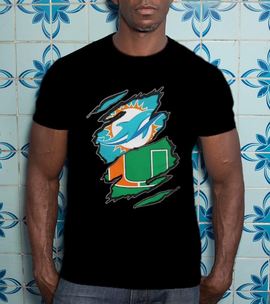 Miami Dolphins And Miami Hurricanes Two Teams One Heart Scratch T-Shirt
