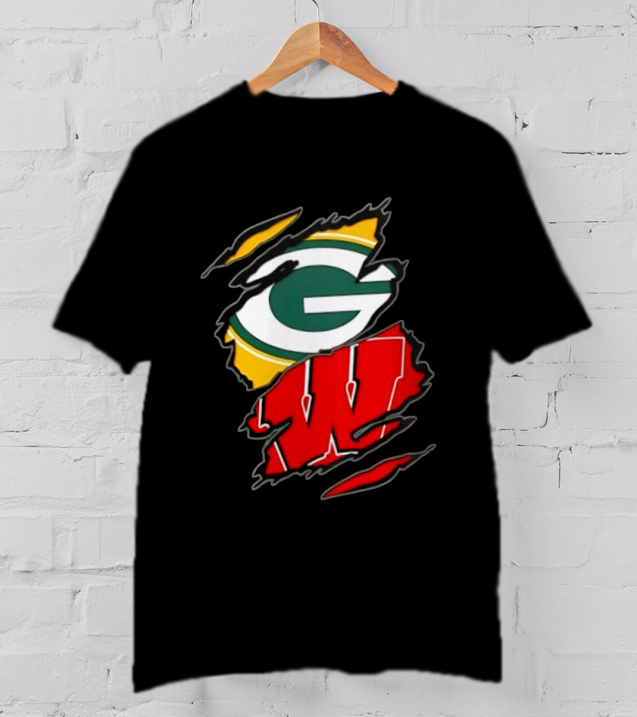 Green Bay Packers Wisconsin Badgers Two Teams One Heart Scratch T-Shirt