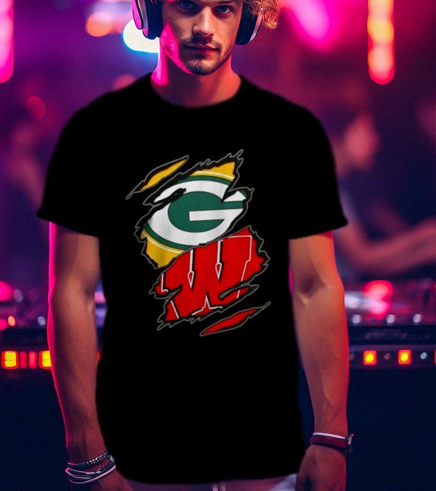 Green Bay Packers Wisconsin Badgers Two Teams One Heart Scratch T-Shirt