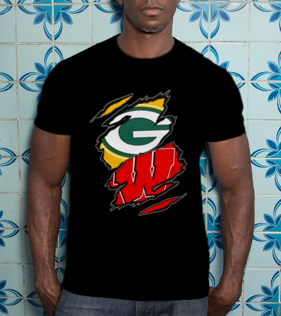 Green Bay Packers Wisconsin Badgers Two Teams One Heart Scratch T-Shirt