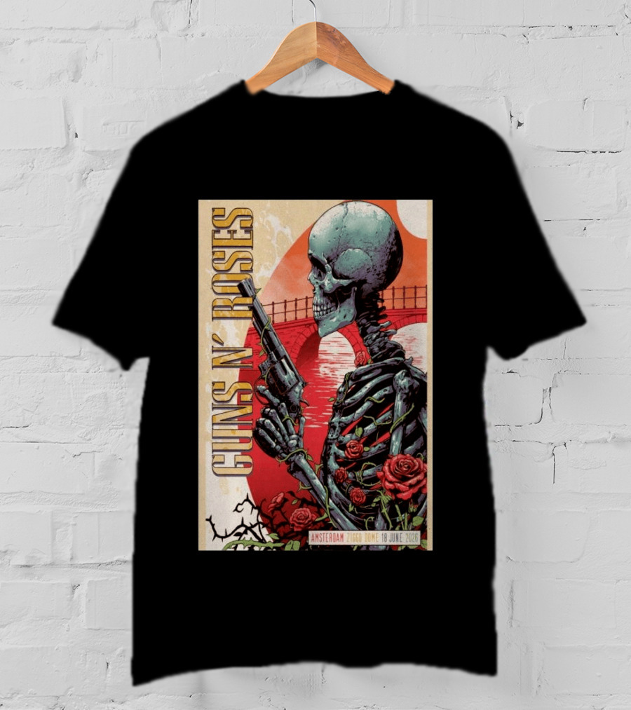 Guns N' Roses Amsterdam 18 June 2026 Ziggo Dome Skeleton With Gun And Roses T-Shirt