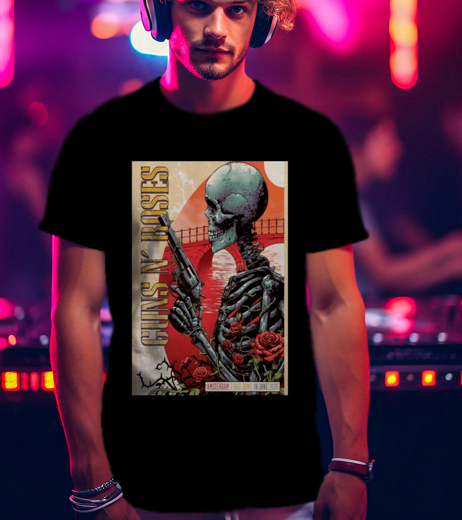 Guns N' Roses Amsterdam 18 June 2026 Ziggo Dome Skeleton With Gun And Roses T-Shirt