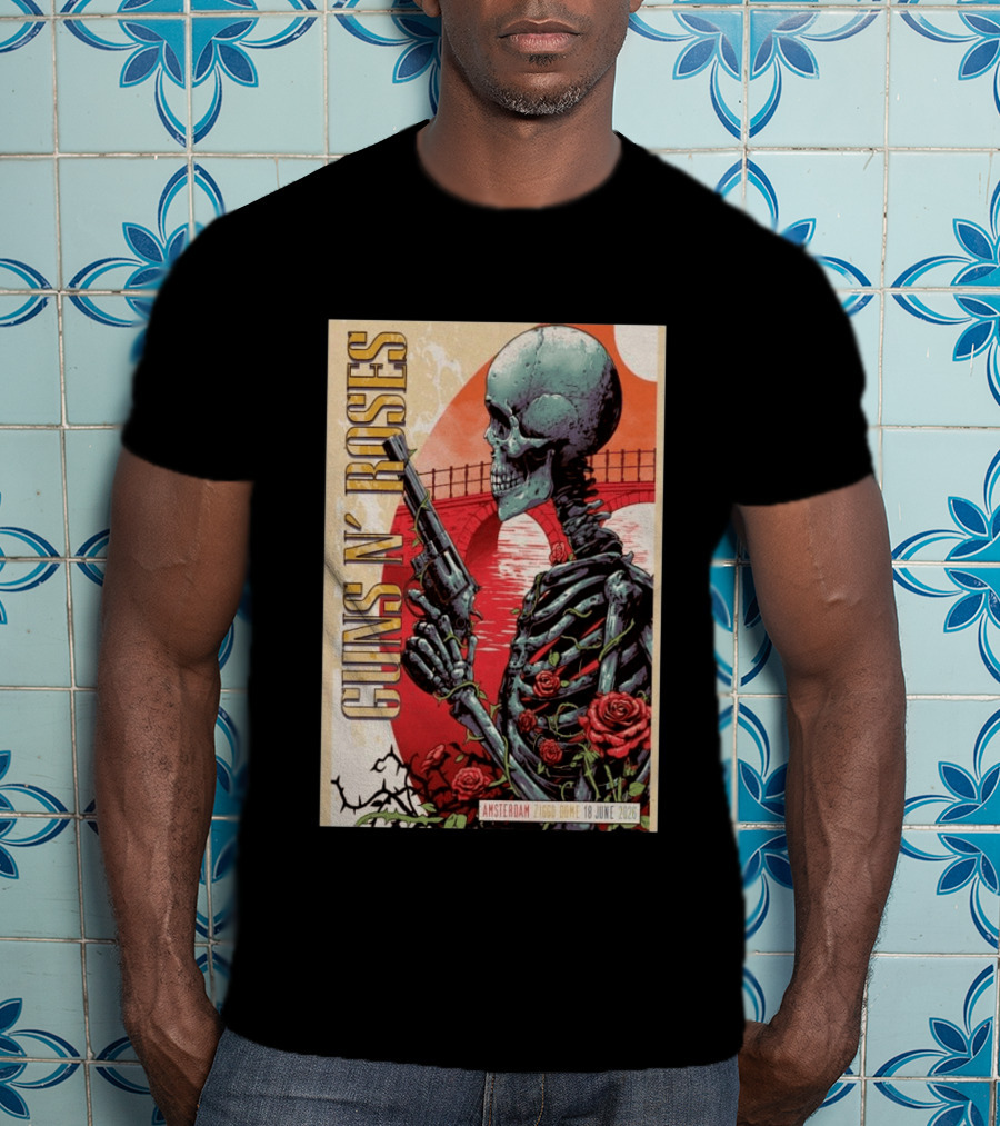 Guns N' Roses Amsterdam 18 June 2026 Ziggo Dome Skeleton With Gun And Roses T-Shirt