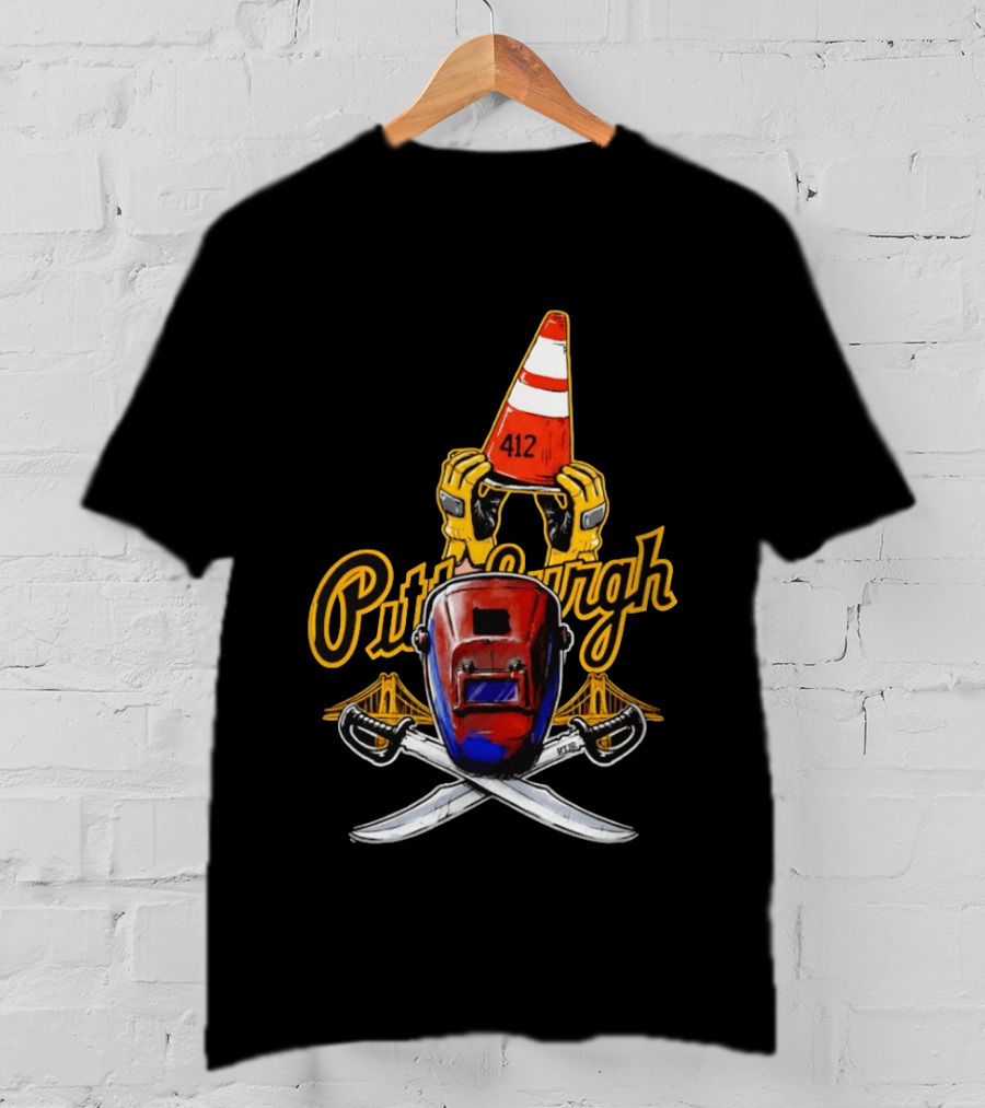 Pittsburgh 412 Welding Mask Construction Cone Crossed Swords Yellow Bridge T-Shirt