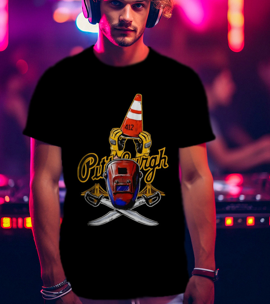 Pittsburgh 412 Welding Mask Construction Cone Crossed Swords Yellow Bridge T-Shirt