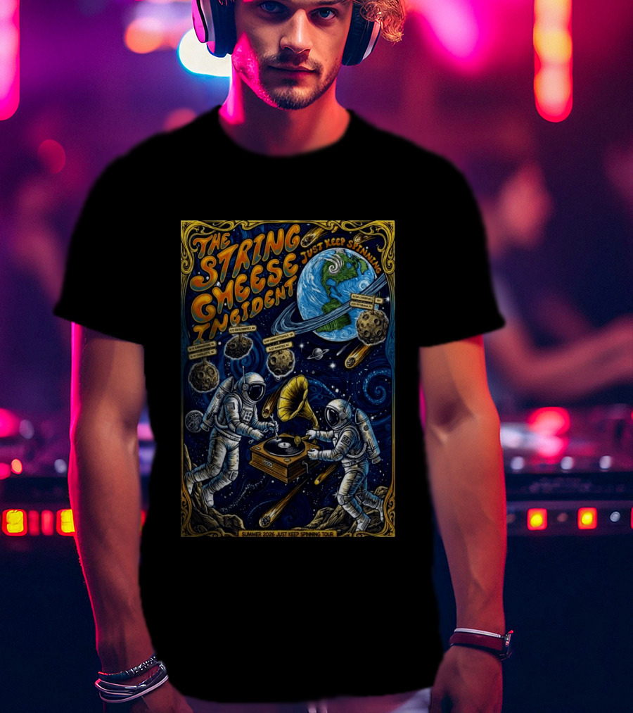 The String Cheese Incident Summer 2026 Just Keep Spinning Tour Astronauts Vinyl Planet T-Shirt