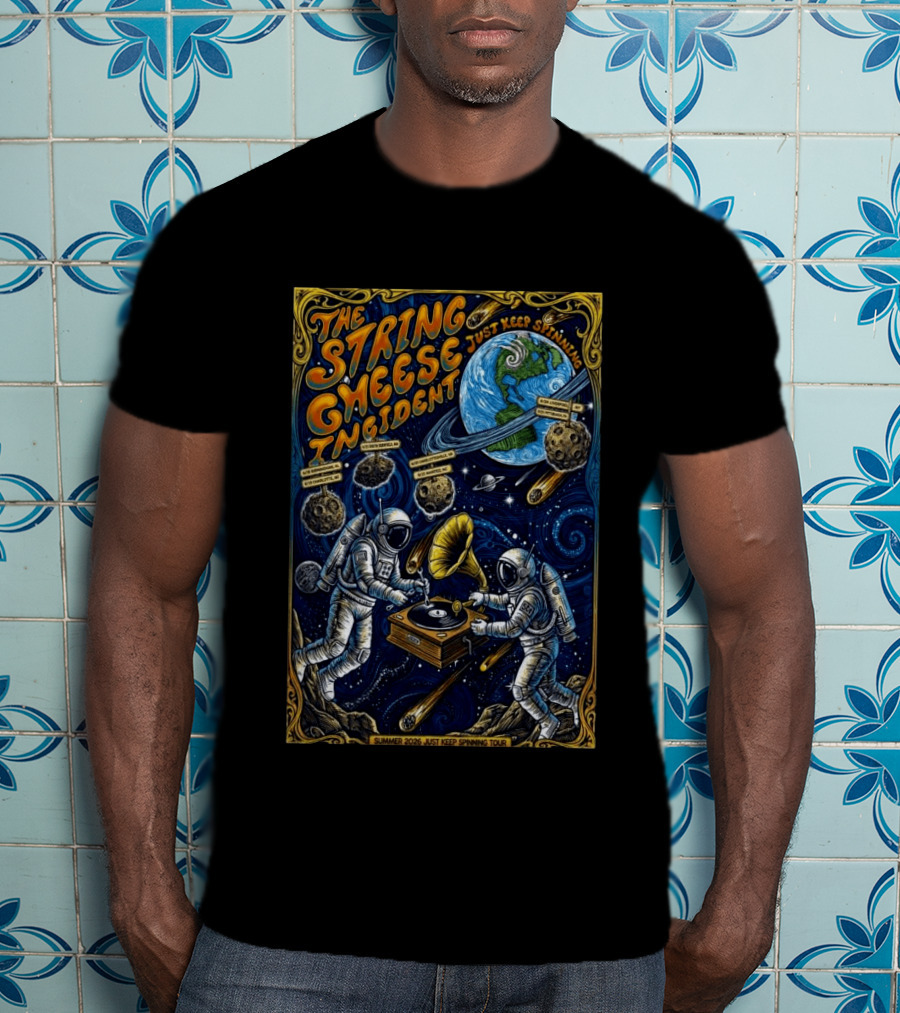 The String Cheese Incident Summer 2026 Just Keep Spinning Tour Astronauts Vinyl Planet T-Shirt