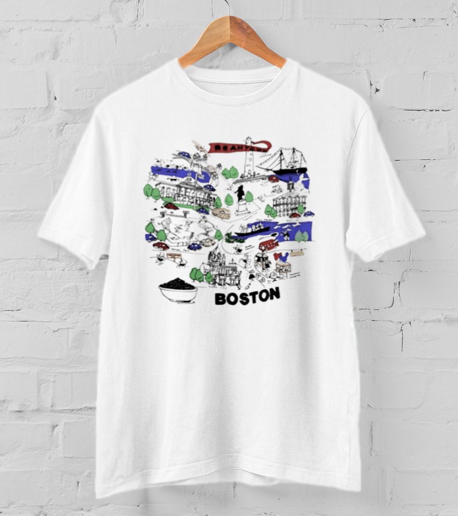 Beantown Boston Skyline Map Massachusetts Souvenir Bridge Boat Trees T-Shirt