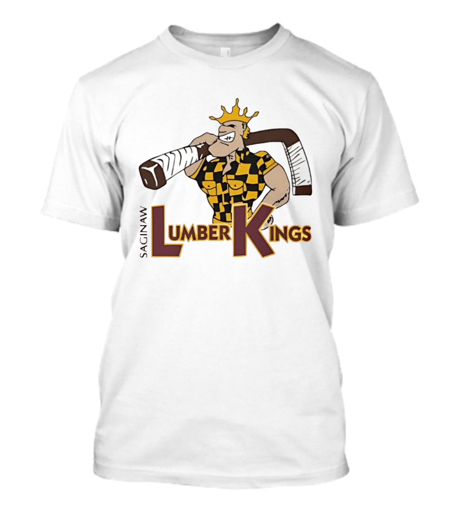 Saginaw Lumber Kings Hockey Team Logo Player With Crown And Hockey Stick T-Shirt