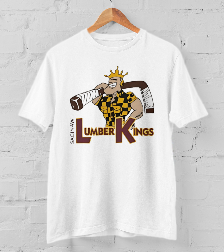Saginaw Lumber Kings Hockey Team Logo Player With Crown And Hockey Stick T-Shirt