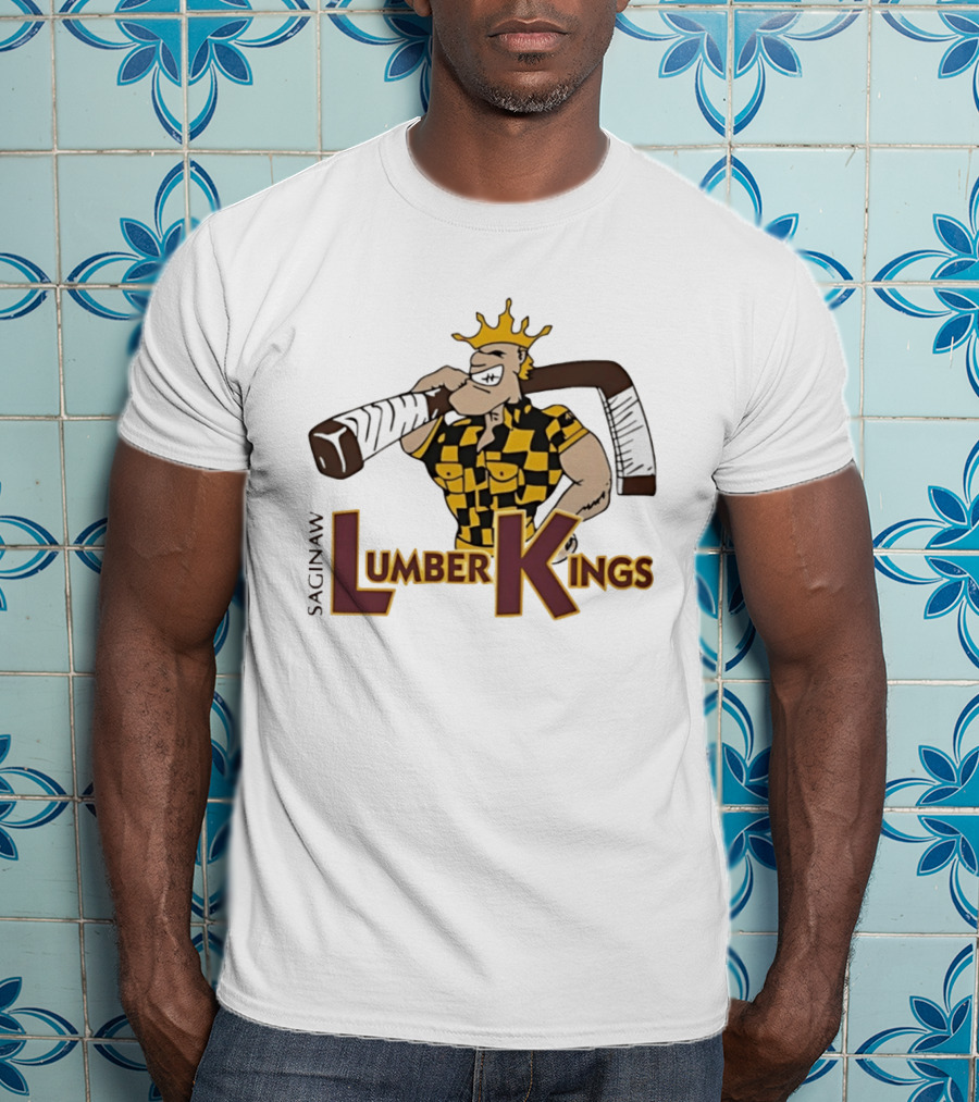Saginaw Lumber Kings Hockey Team Logo Player With Crown And Hockey Stick T-Shirt