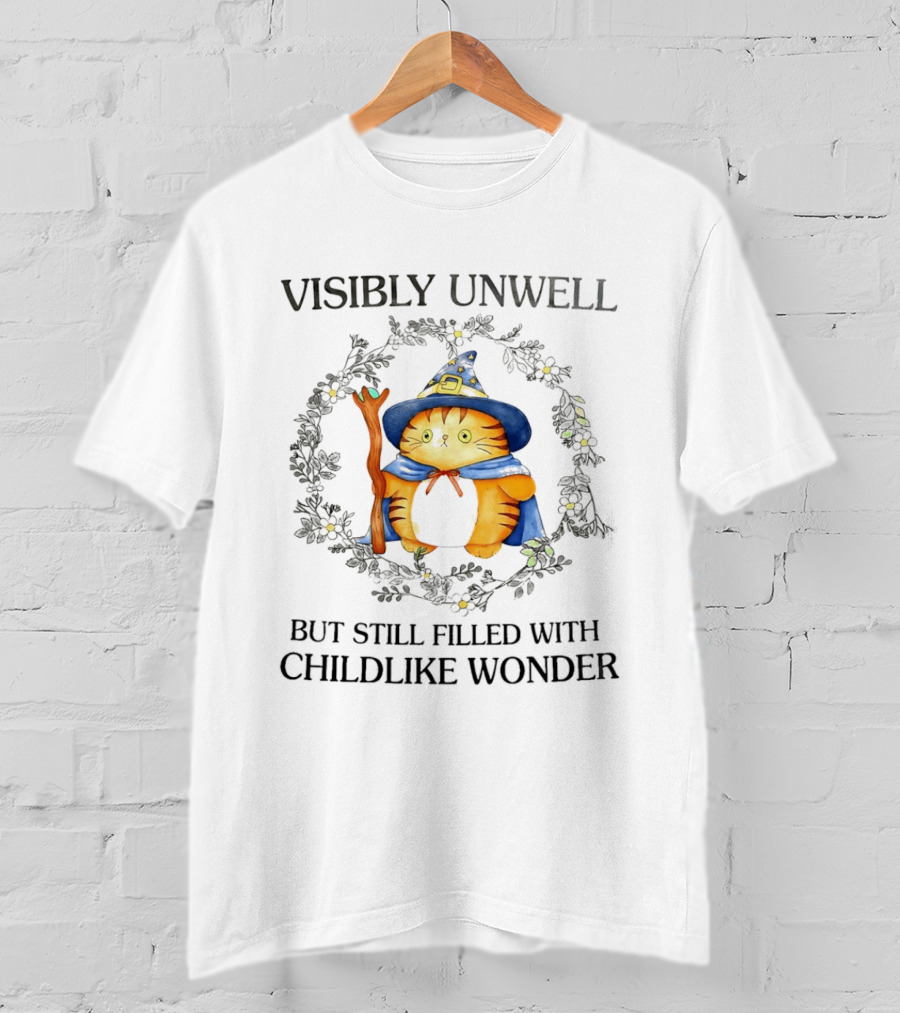 Visibly Unwell Cat With Childlike Wonder Wizard Hat And Cloak T-Shirt