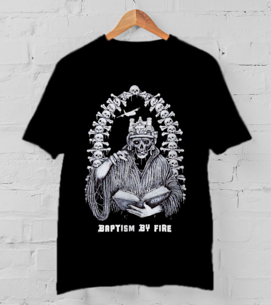 Baptism By Fire Skeleton Soldier Night Vision Goggles Book And Skulls T-Shirt