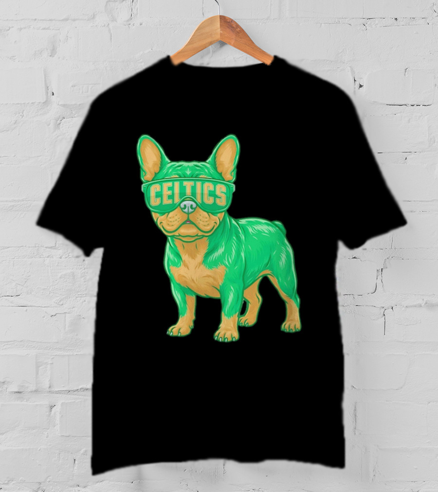 Boston Celtics French Bulldog Wearing Celtics Glasses T-Shirt